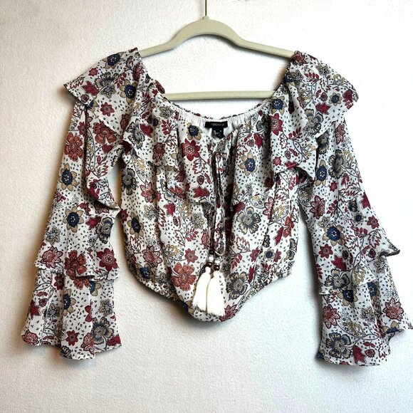 F21 Tops - F21 Boho Crop Ruffle Blouse Off Shoulder Top Size Medium Floral Cottage Western